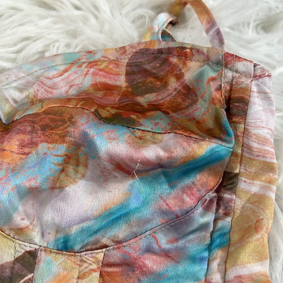 PRETTY LITTLE THING MARBLE PRINT SATIN RUCHED SKIRT CORSET DETAIL MIDI DRESS - Picture 9 of 14